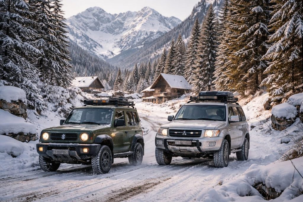 découvrez comment accéder facilement aux villages de montagne en hiver grâce aux véhicules tout-terrain suzuki jimny et mitsubishi pajero, idéaux pour affronter les conditions hivernales.
