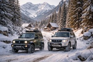 découvrez comment accéder facilement aux villages de montagne en hiver grâce aux véhicules tout-terrain suzuki jimny et mitsubishi pajero, idéaux pour affronter les conditions hivernales.