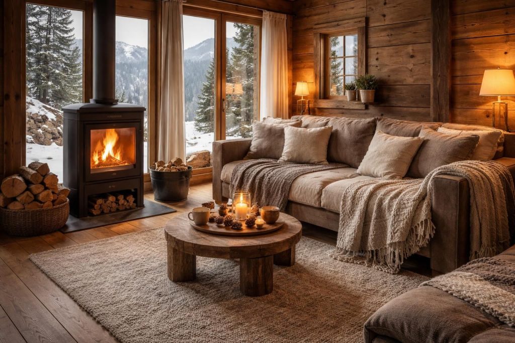 aménagez votre chalet de montagne chaleureusement avec les poêles à bois invicta et des plaids en laine douce pour un confort optimal.