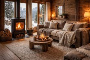 aménagez votre chalet de montagne chaleureusement avec les poêles à bois invicta et des plaids en laine douce pour un confort optimal.