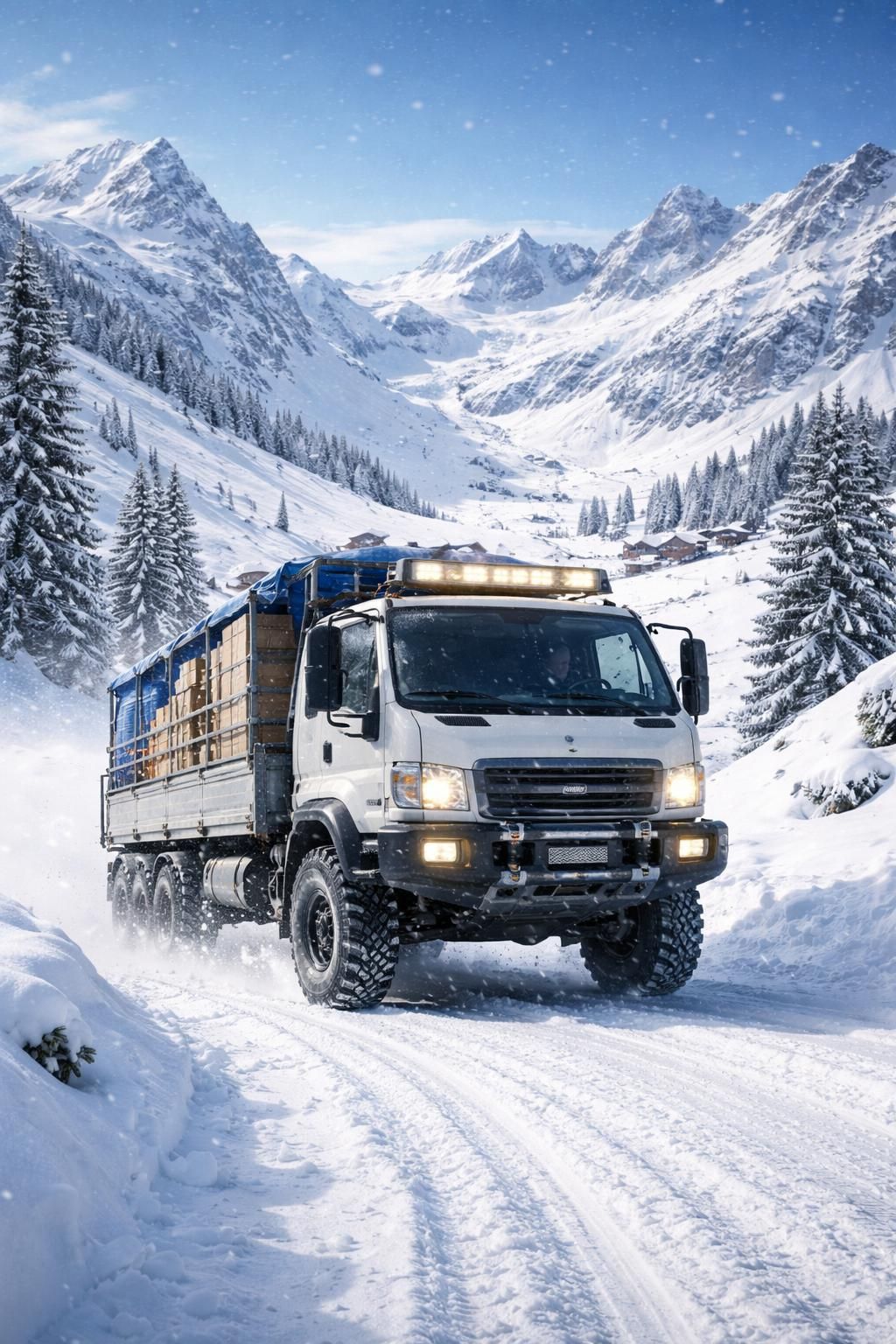 service de livraison en zone de montagne dans les alpes, utilisant 4x4 et logistique adaptée pour un acheminement efficace vers les stations de ski.