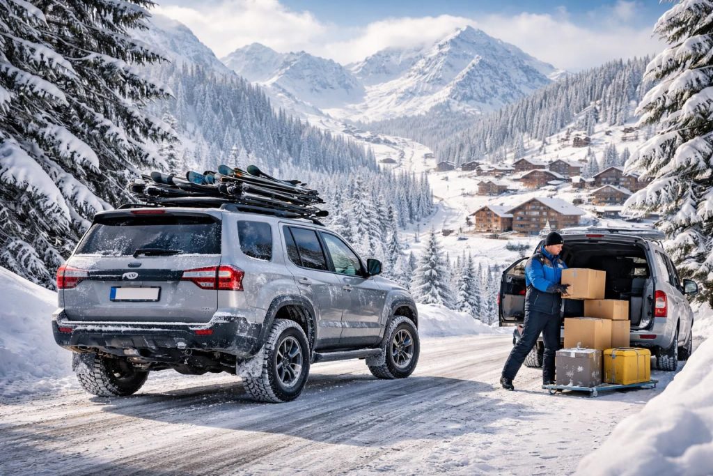 service de livraison en zone de montagne avec véhicules 4x4 et logistique adaptée pour les stations de ski des alpes, garantissant rapidité et sécurité même dans les conditions difficiles.